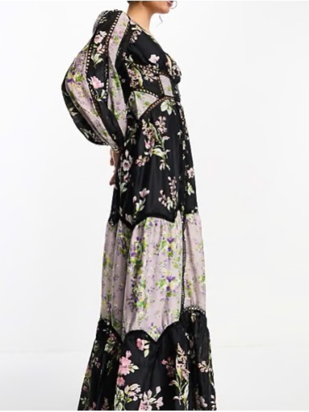 ASOS Black & Lavender Floral Puff-Sleeve Maxi Dress - Picture 2 of 13